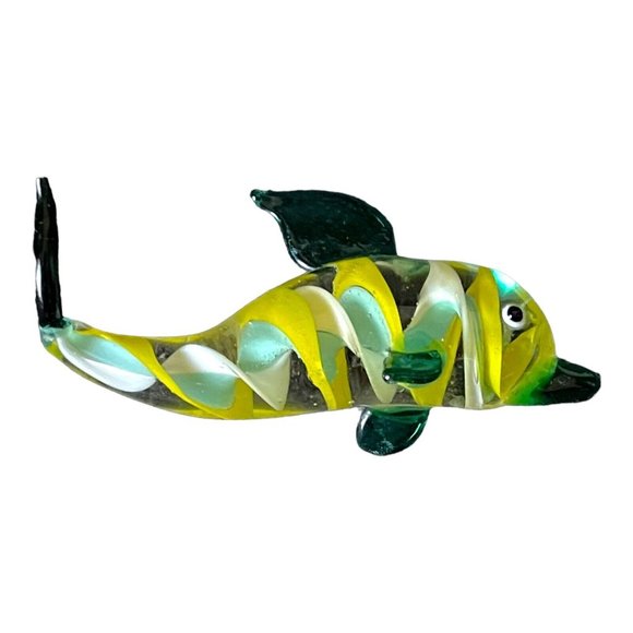 Art Glass Dolphin Paperweight Figurine green/yellow Swirl Stripe Hand Blown - Picture 5 of 7